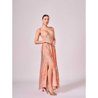 KOSWI Peach Apricot Floral Print Maxi Dress