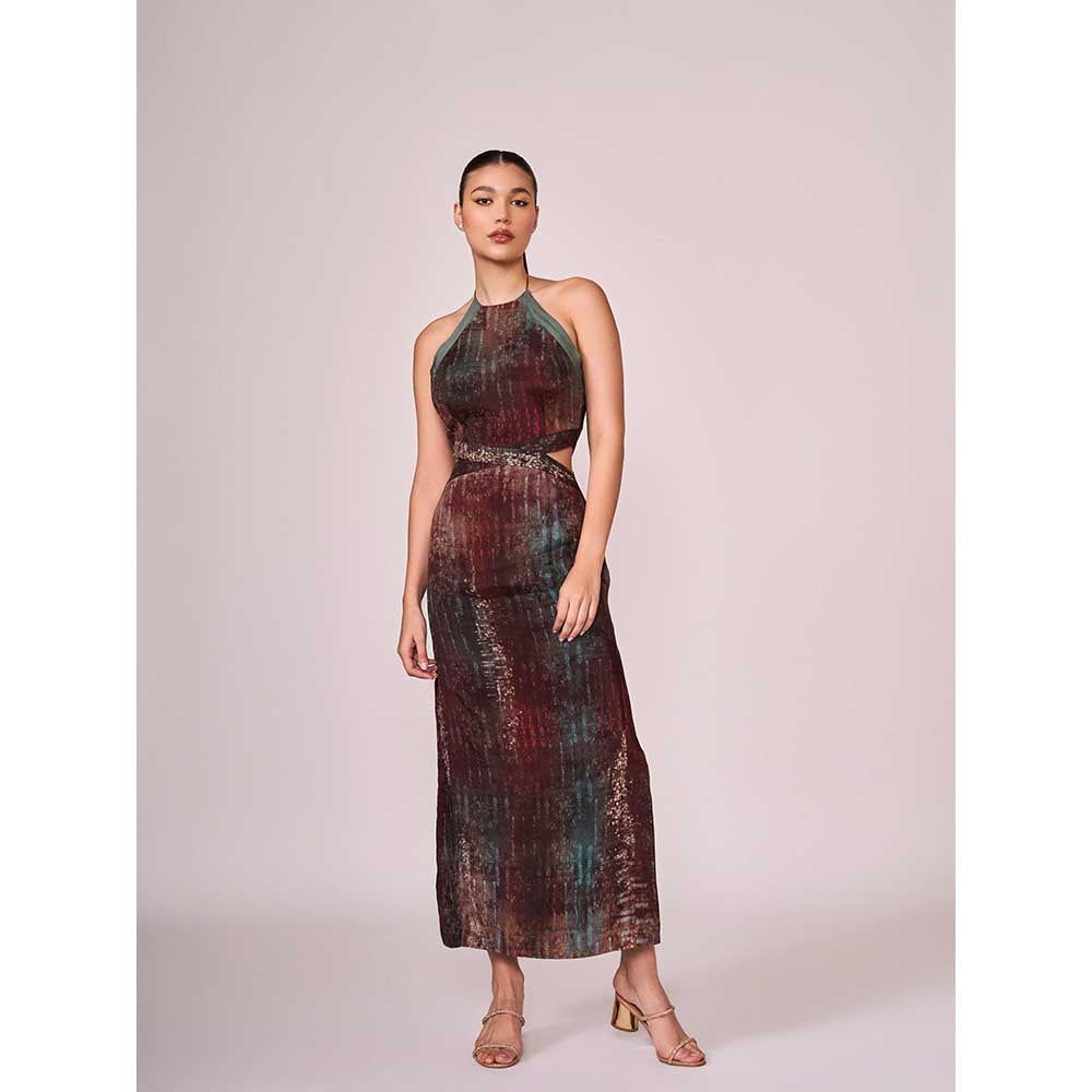 KOSWI Maroon Abstract Print Halter Dress
