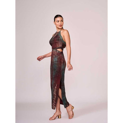 KOSWI Maroon Abstract Print Halter Dress