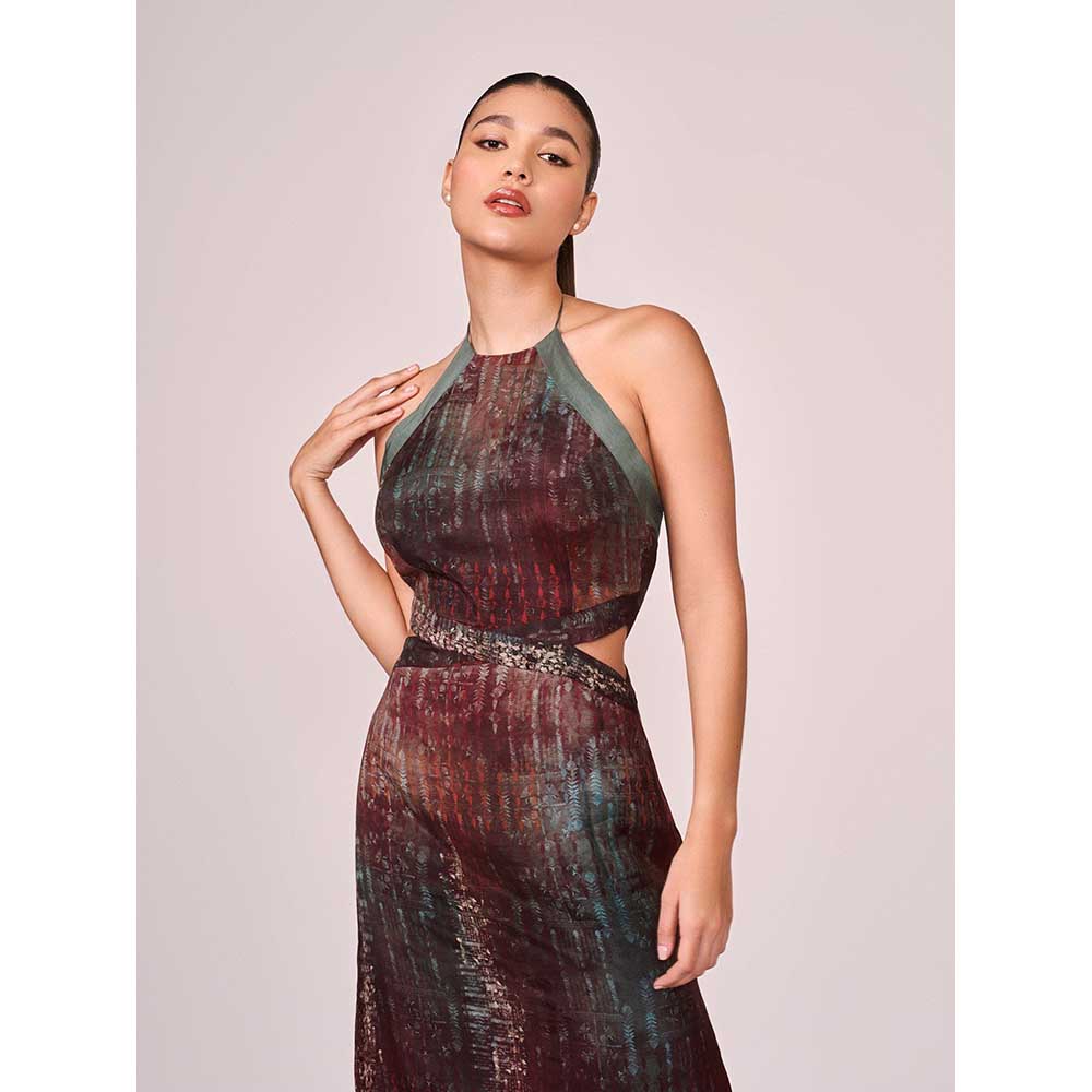 KOSWI Maroon Abstract Print Halter Dress