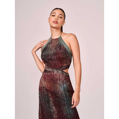 KOSWI Maroon Abstract Print Halter Dress