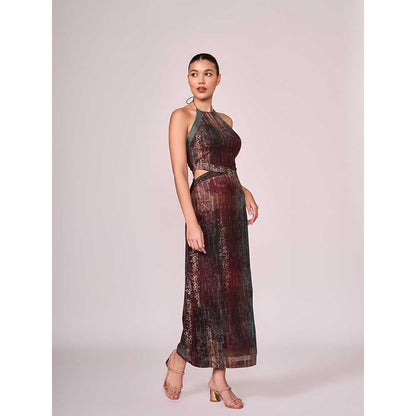 KOSWI Maroon Abstract Print Halter Dress