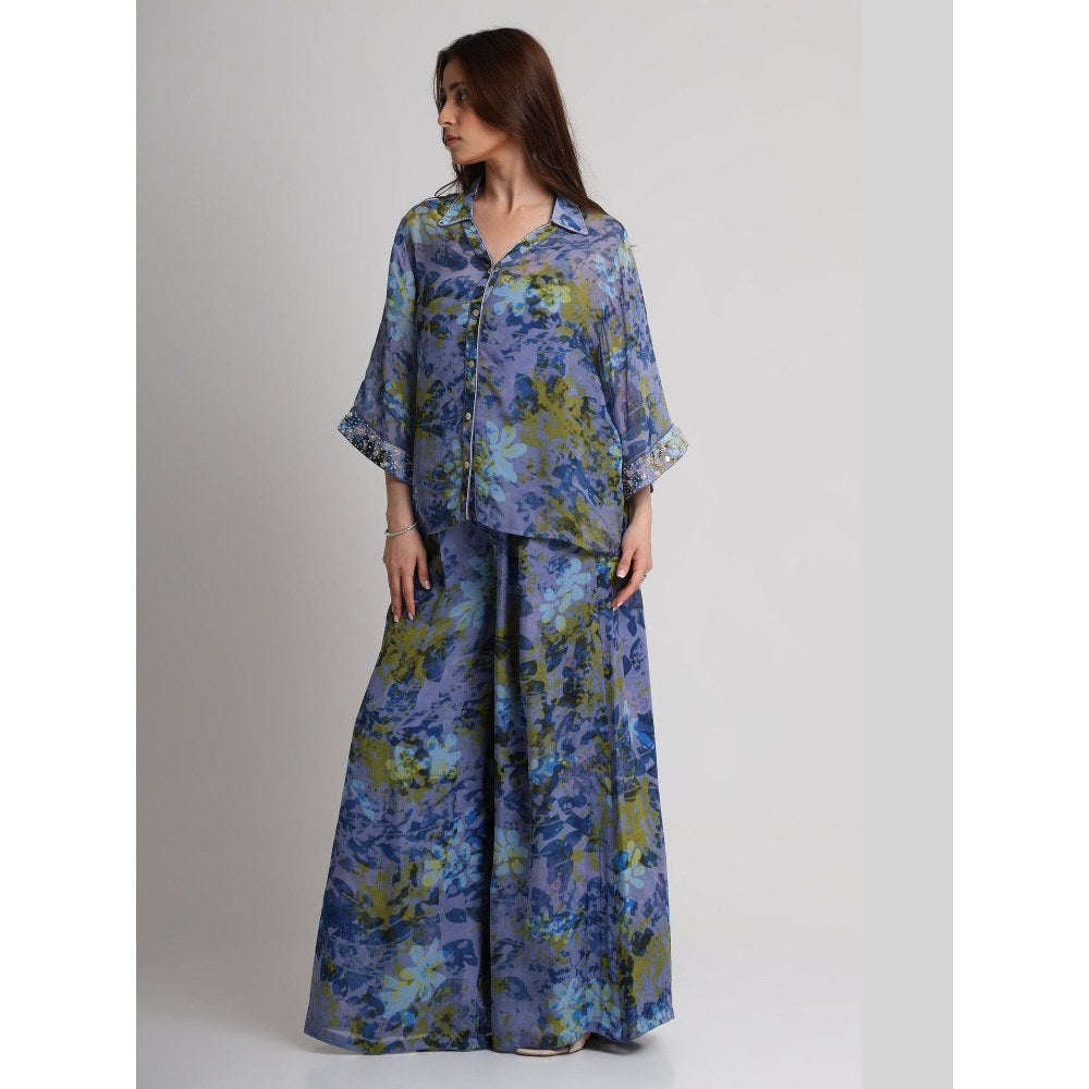 KOSWI Women Blue Viscose Floral Printed Co-Ord Set