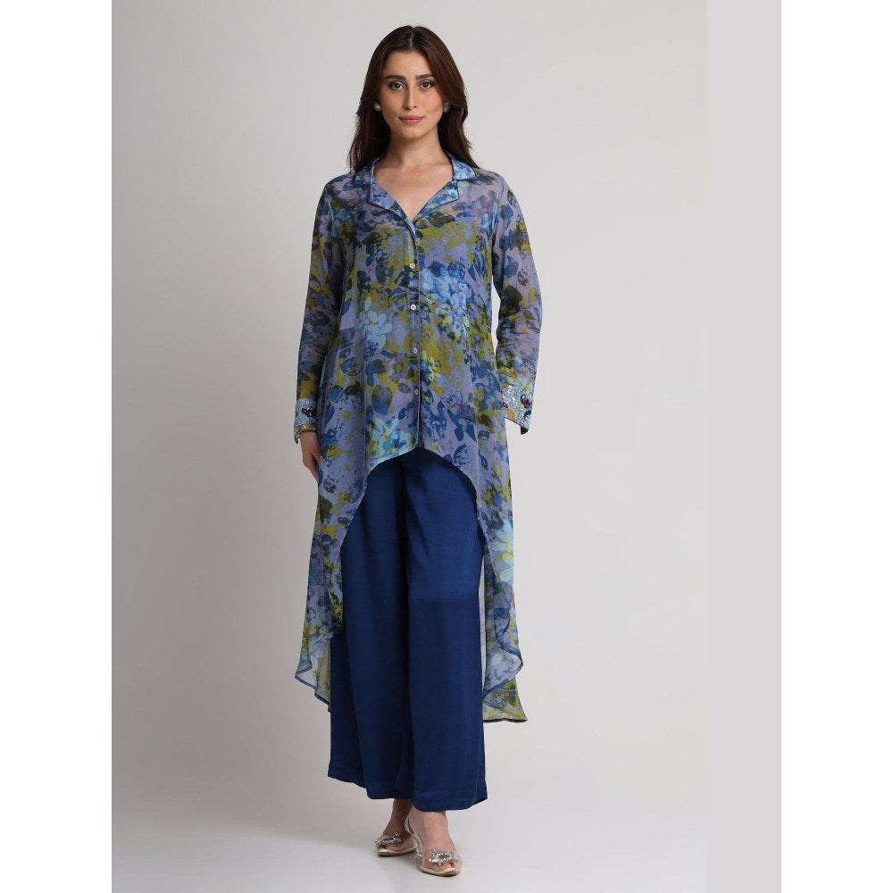 KOSWI Women Blue Viscose Floral Printed Tunic with Pant