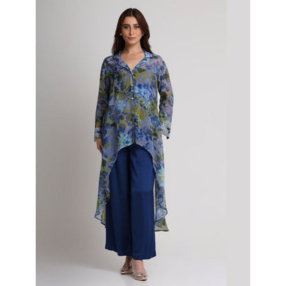 KOSWI Women Blue Viscose Floral Printed Tunic with Pant