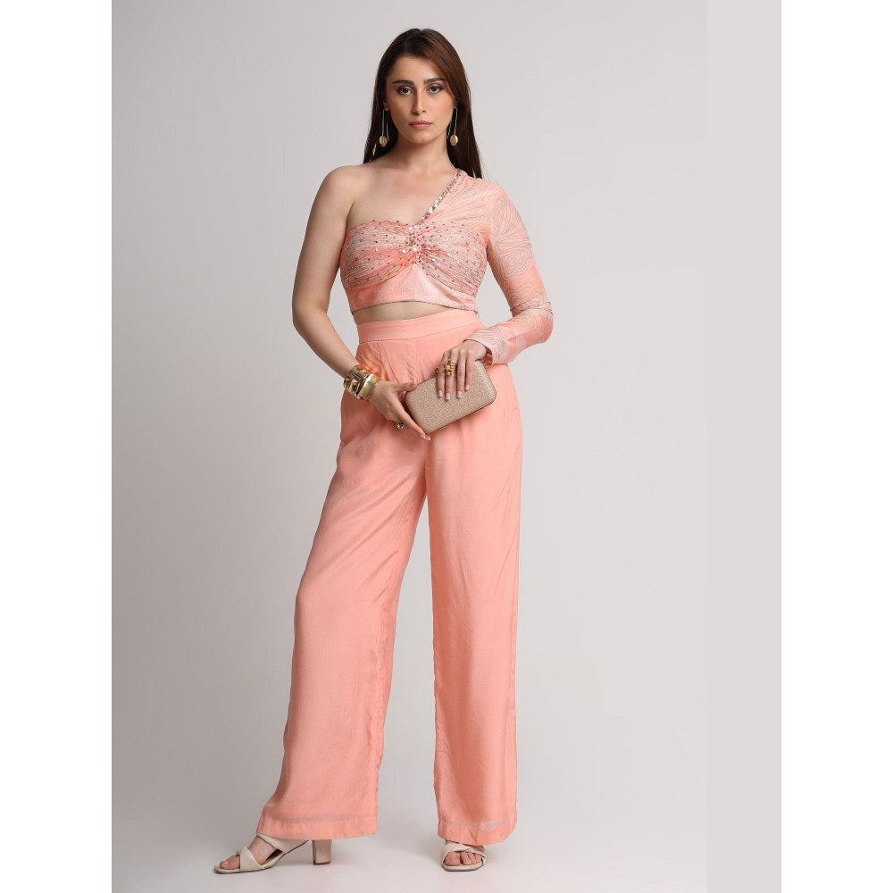 KOSWI Women Peach Viscose Embellished Crop Top with Pant