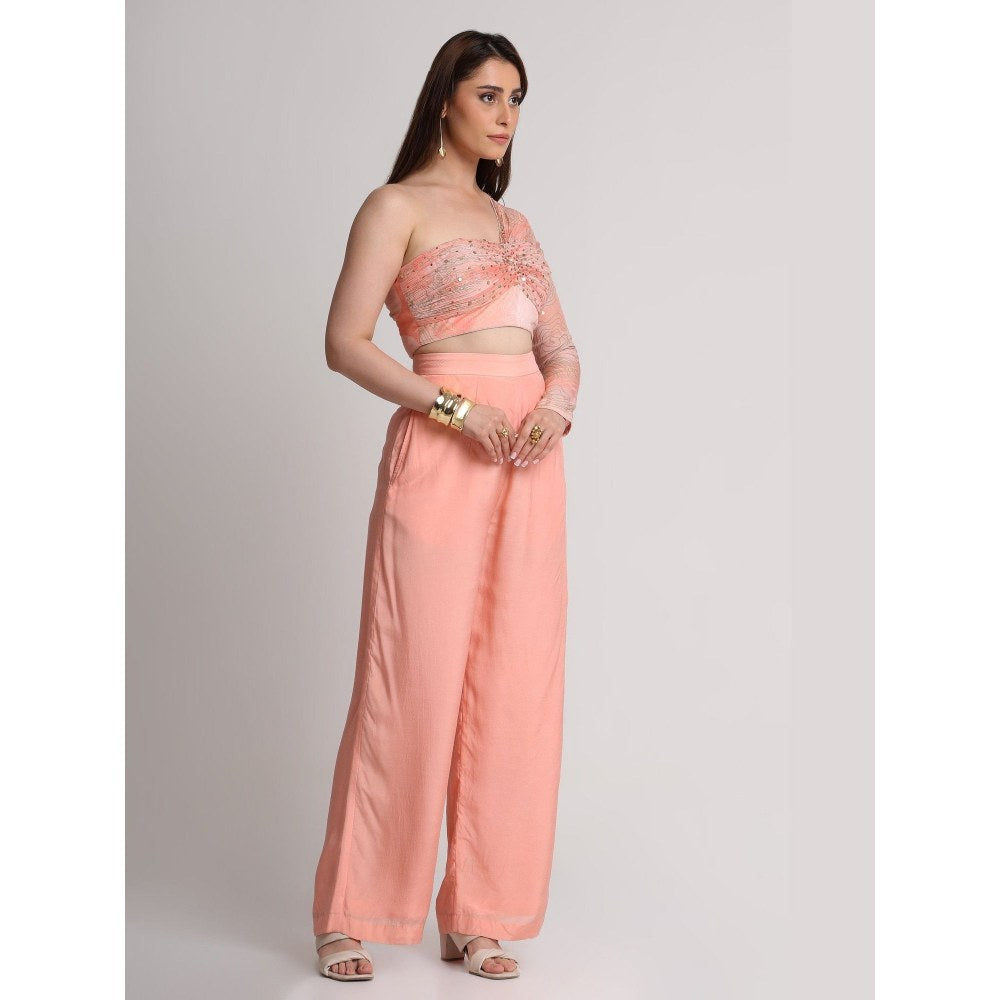 KOSWI Women Peach Viscose Embellished Crop Top with Pant
