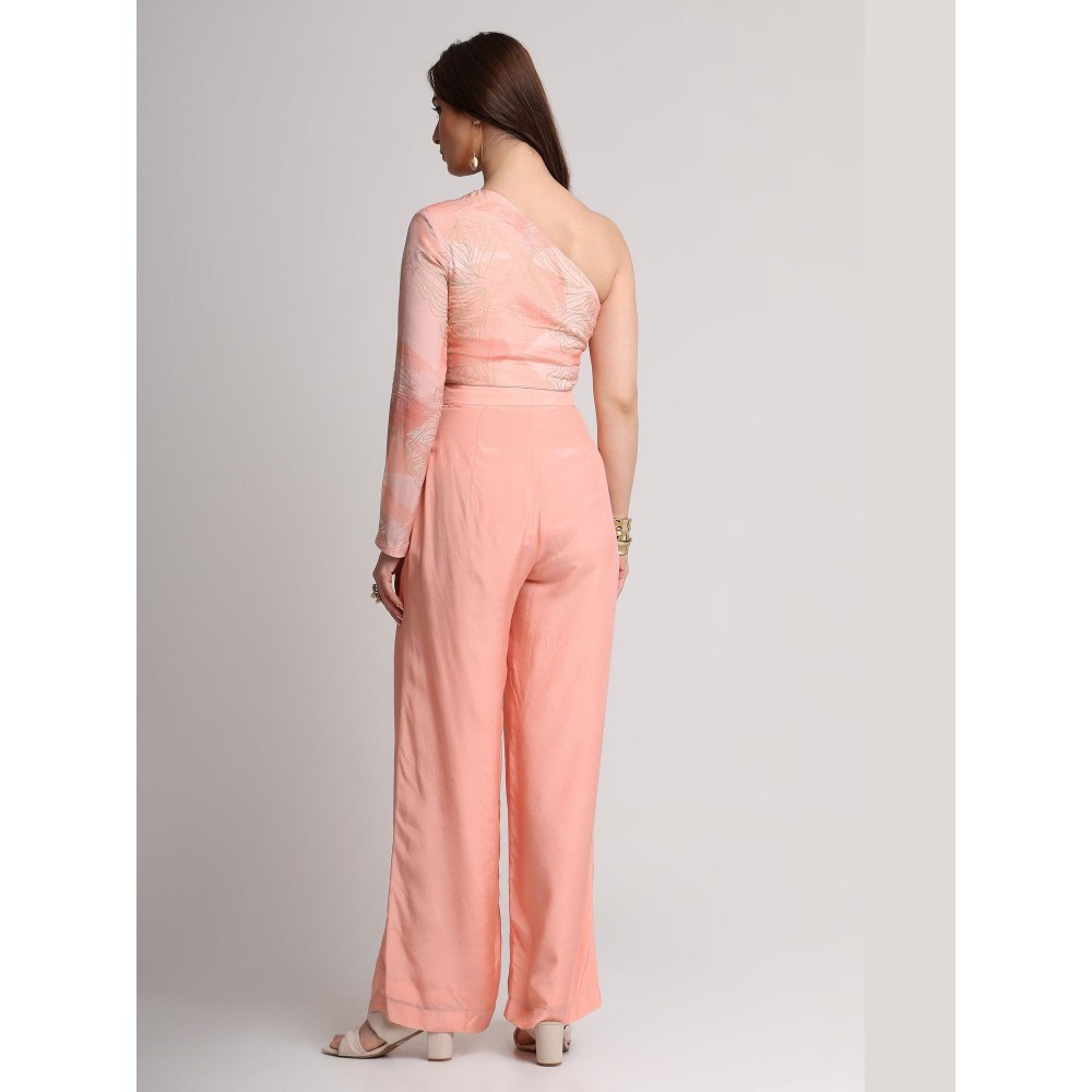 KOSWI Women Peach Viscose Embellished Crop Top with Pant