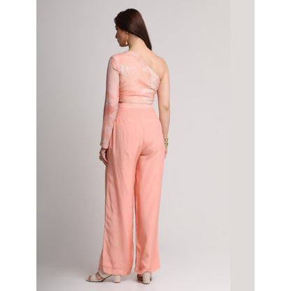 KOSWI Women Peach Viscose Embellished Crop Top with Pant