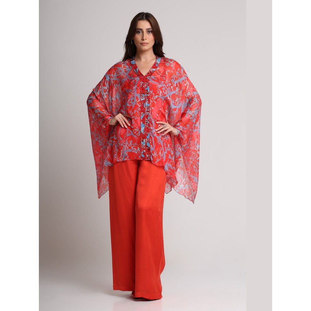 KOSWI Women Red Viscose Embellished Kaftan with Pant