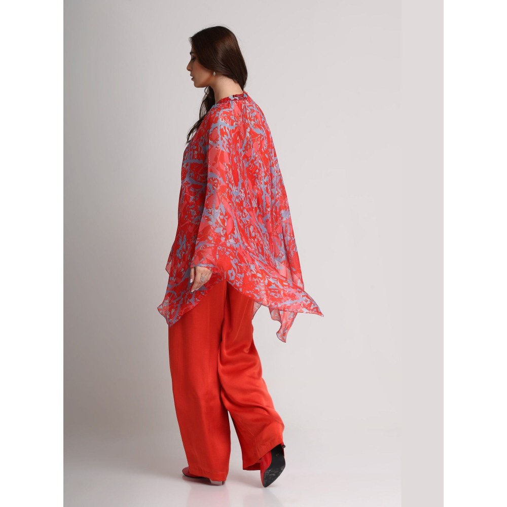 KOSWI Women Red Viscose Embellished Kaftan with Pant