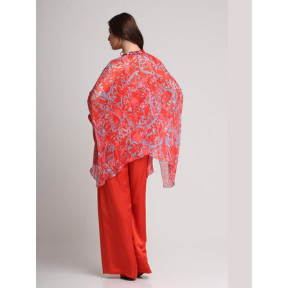KOSWI Women Red Viscose Embellished Kaftan with Pant