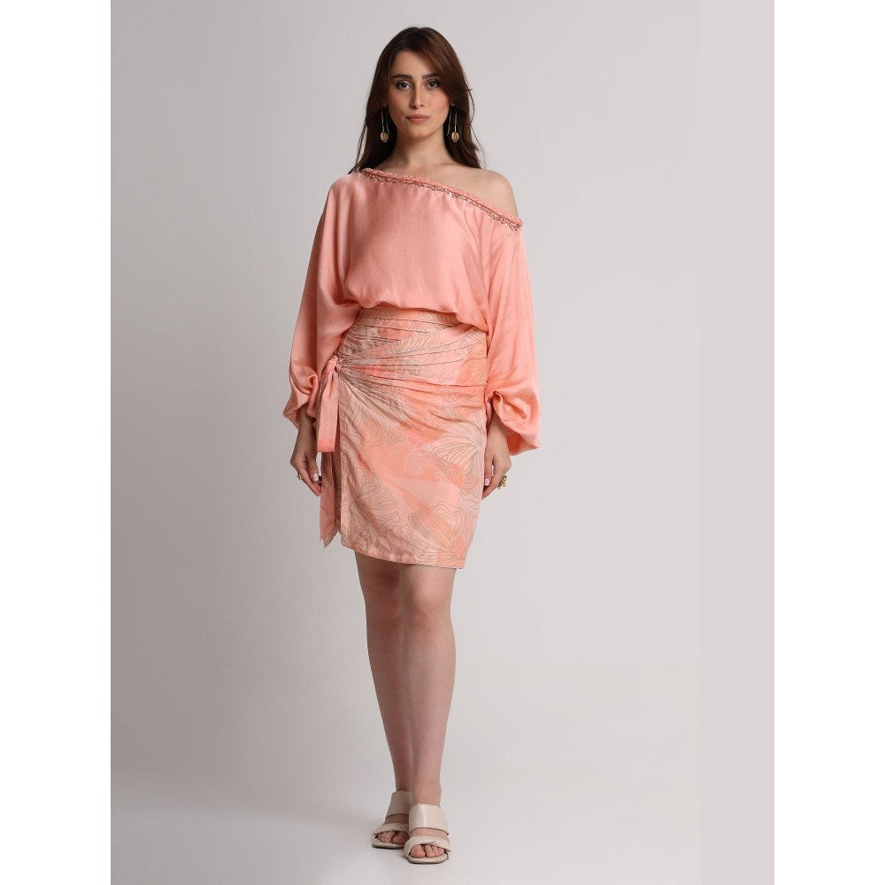 KOSWI Women Peach Viscose Embellished Top with Skirt