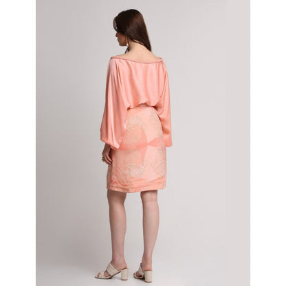KOSWI Women Peach Viscose Embellished Top with Skirt