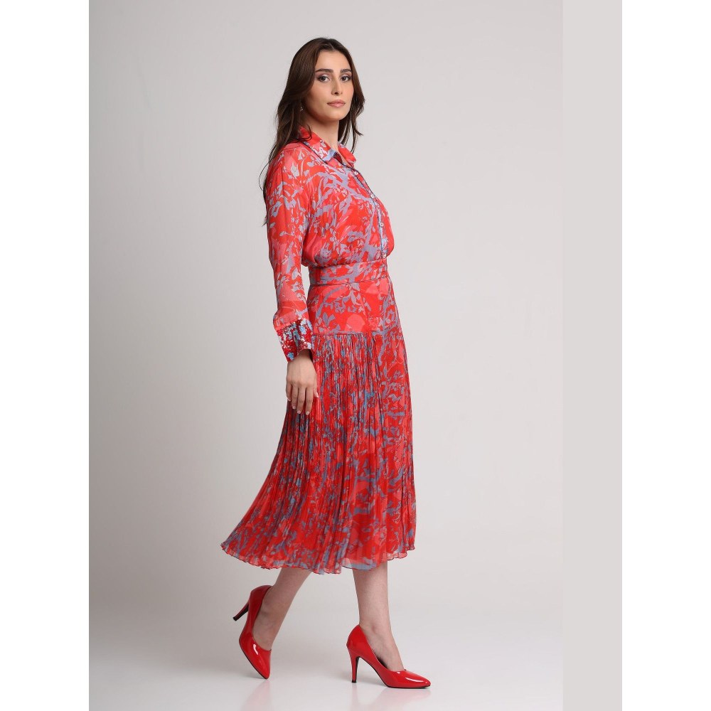 KOSWI Women Red Viscose Abstract Printed Shirt with Skirt