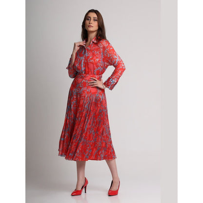 KOSWI Women Red Viscose Abstract Printed Shirt with Skirt