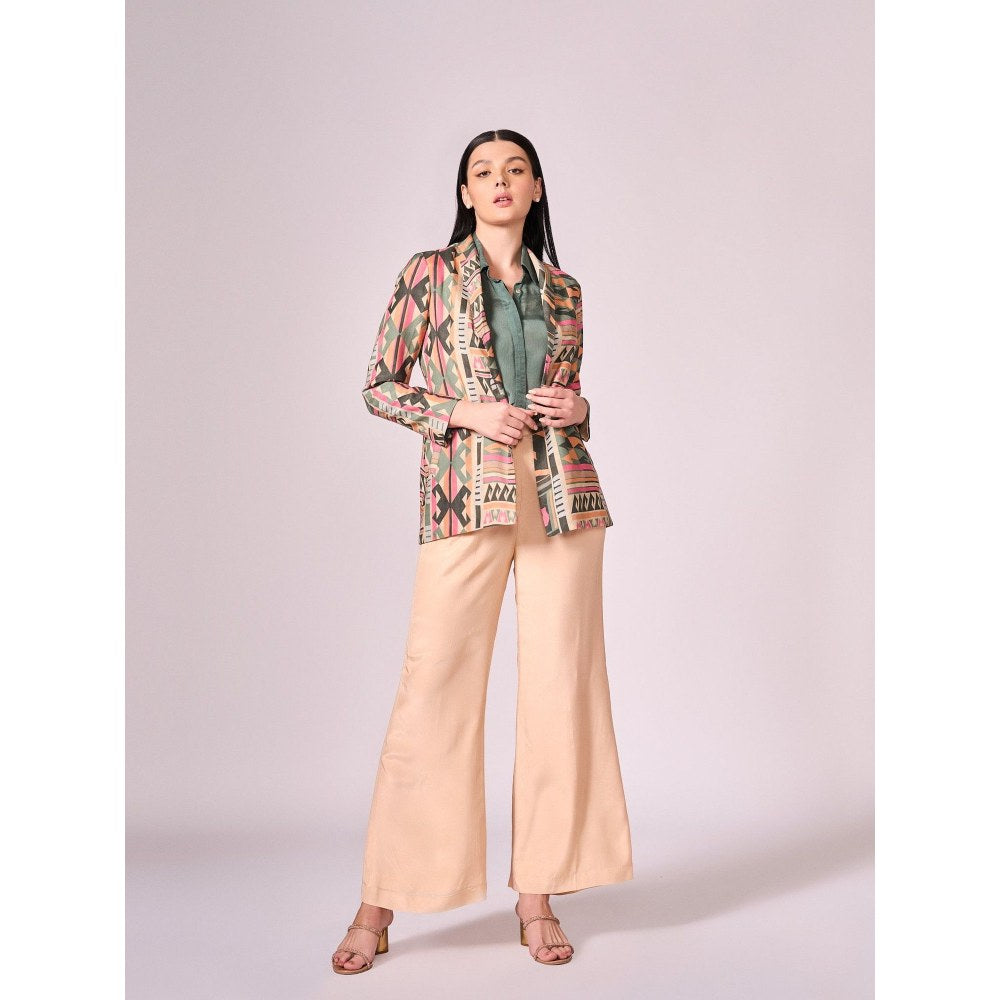 KOSWI Women Multi-Color Cotton Silk Geometric Blazer