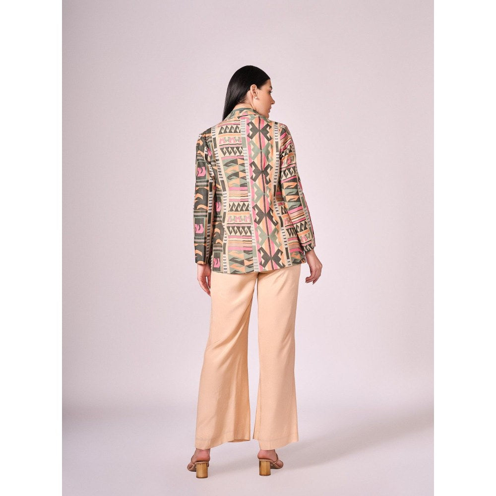 KOSWI Women Multi-Color Cotton Silk Geometric Blazer