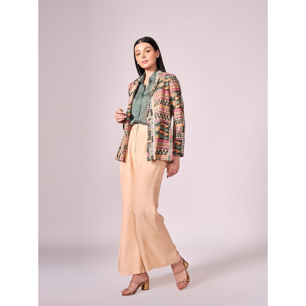 KOSWI Women Multi-Color Cotton Silk Geometric Blazer