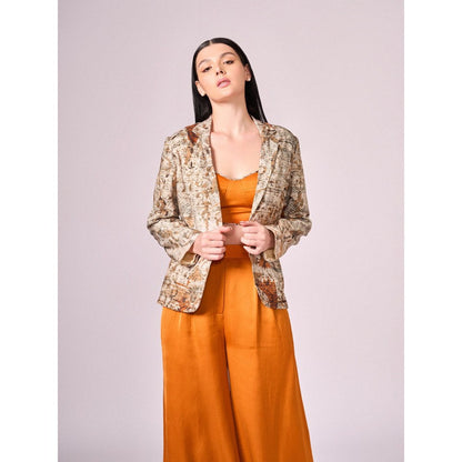 KOSWI Women Brown Cotton Silk Abstract Blazer