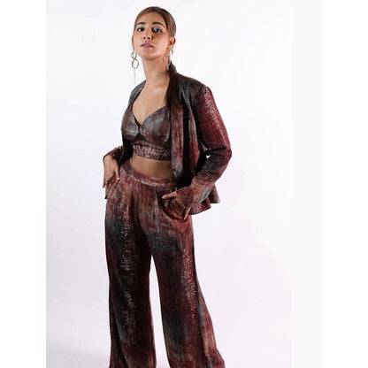 KOSWI Women Maroon Cotton Silk Abstract Blazer