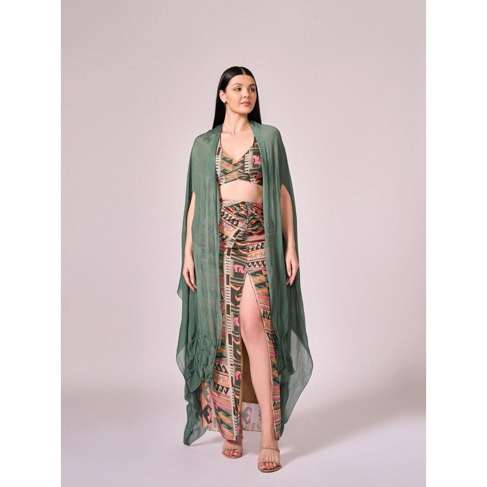 KOSWI Women Multi-Color Cotton Silk Geometric Printed Crop Top with Cape and Skirt
