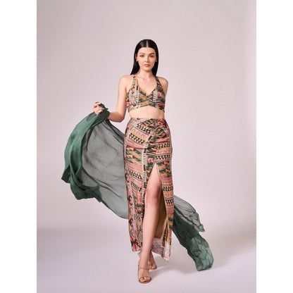 KOSWI Women Multi-Color Cotton Silk Geometric Printed Crop Top with Cape and Skirt