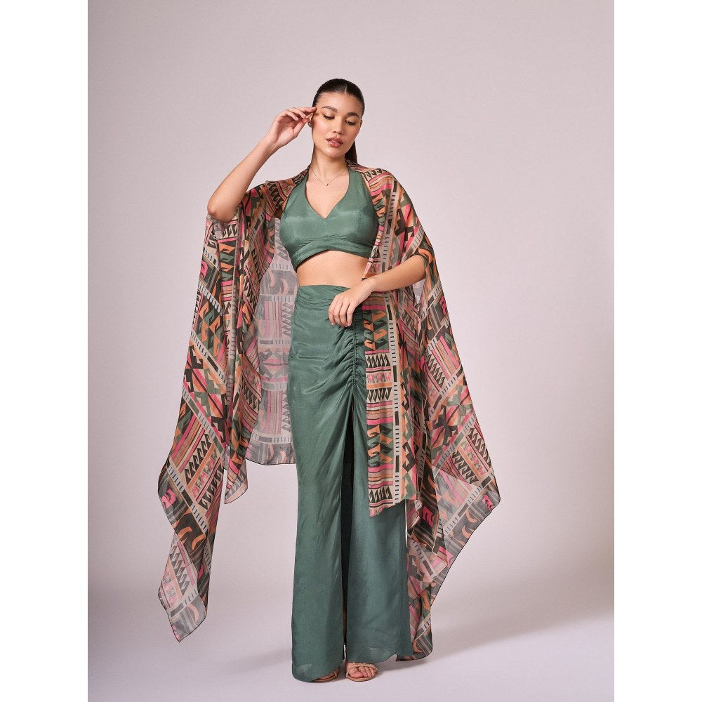 KOSWI Women Green Cotton Silk Geometric Printed Crop Top with Cape and Skirt