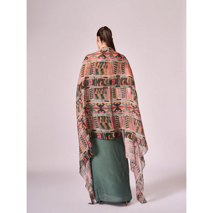 KOSWI Women Green Cotton Silk Geometric Printed Crop Top with Cape and Skirt