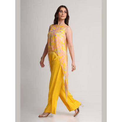 KOSWI Women Yellow Viscose Embellished Tunic with Pant