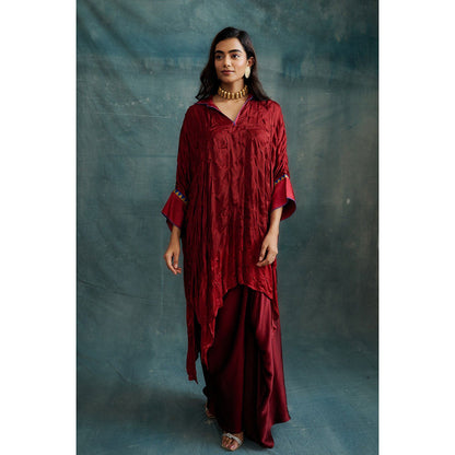 Krishna Mehta Red Knotted Bandhej Embroidered Kaftan and Skirt (Set of 2)