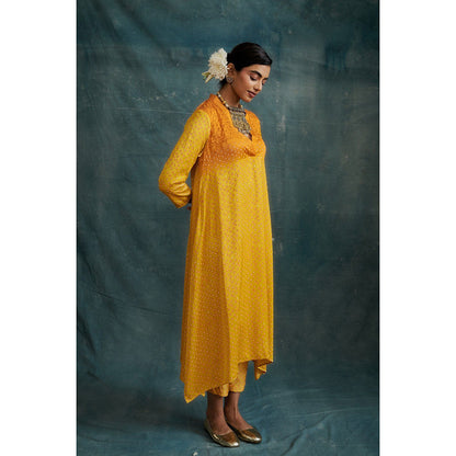 Krishna Mehta Orange Yellow Overlap Block Print V Neck Kurta and Pant (Set of 2)