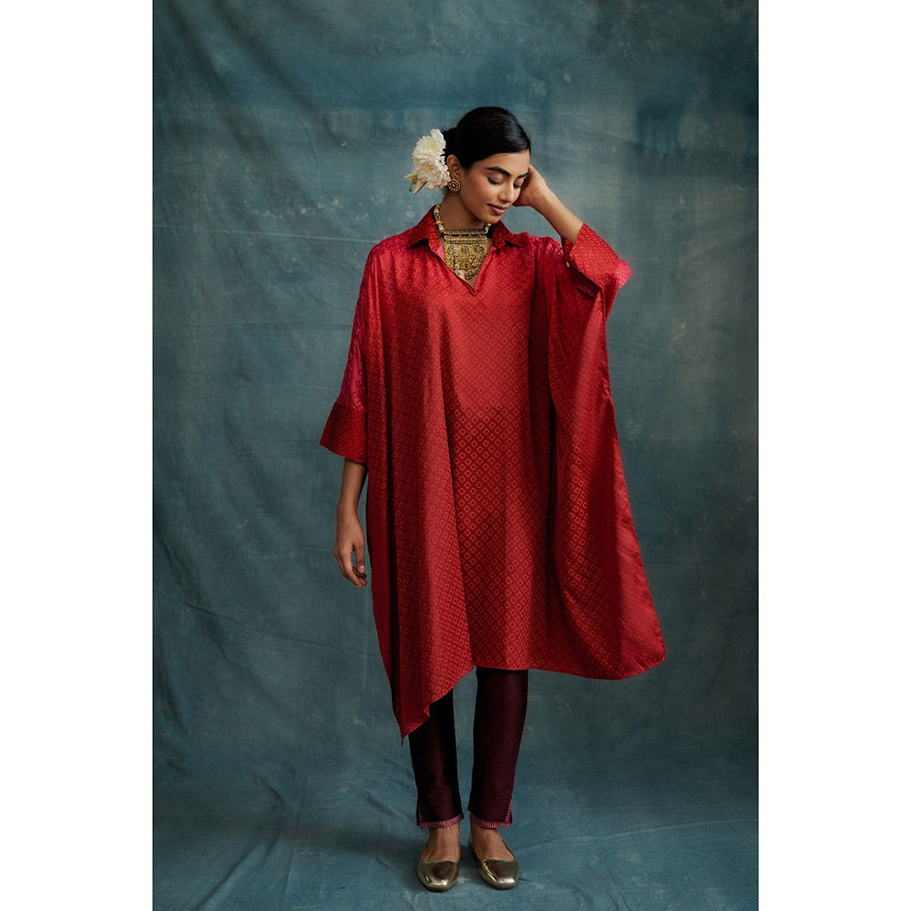 Krishna Mehta Red Embroidered Block Print Kaftan and Pant (Set of 2)