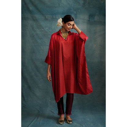Krishna Mehta Red Embroidered Block Print Kaftan and Pant (Set of 2)