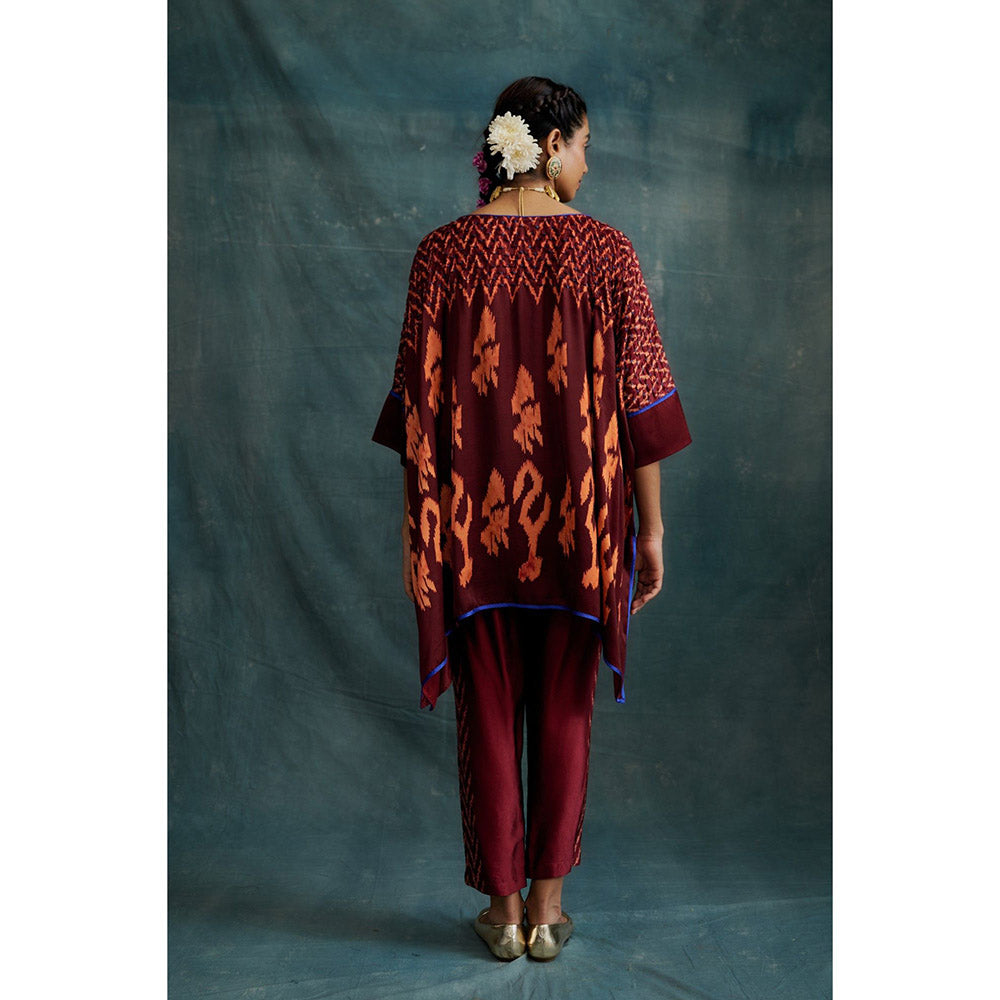 Krishna Mehta Maroon Embroidered Kaftan and Pant (Set of 2)