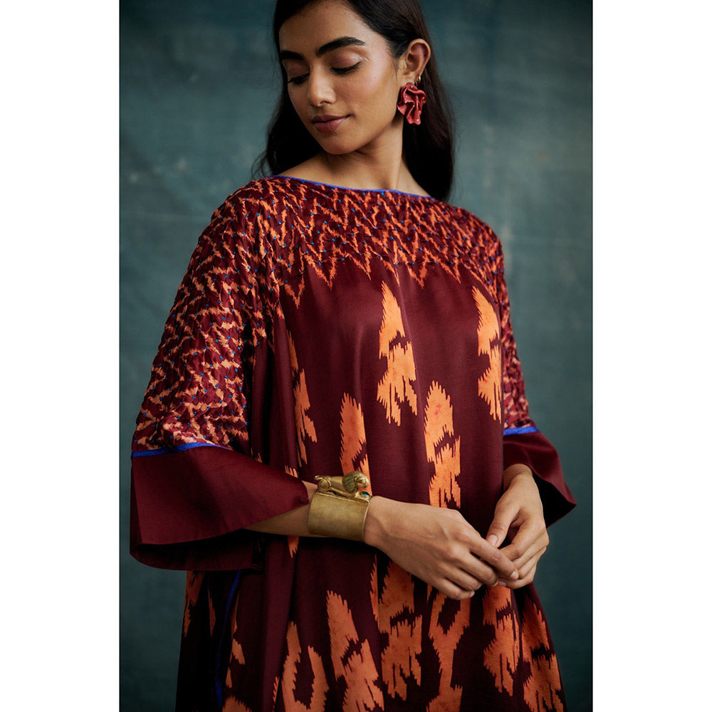 Krishna Mehta Maroon Embroidered Kaftan and Pant (Set of 2)