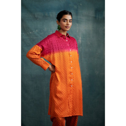 Krishna Mehta Shaded Embroidered Block Printed Shirt Style Kurta and Pant (Set of 2)