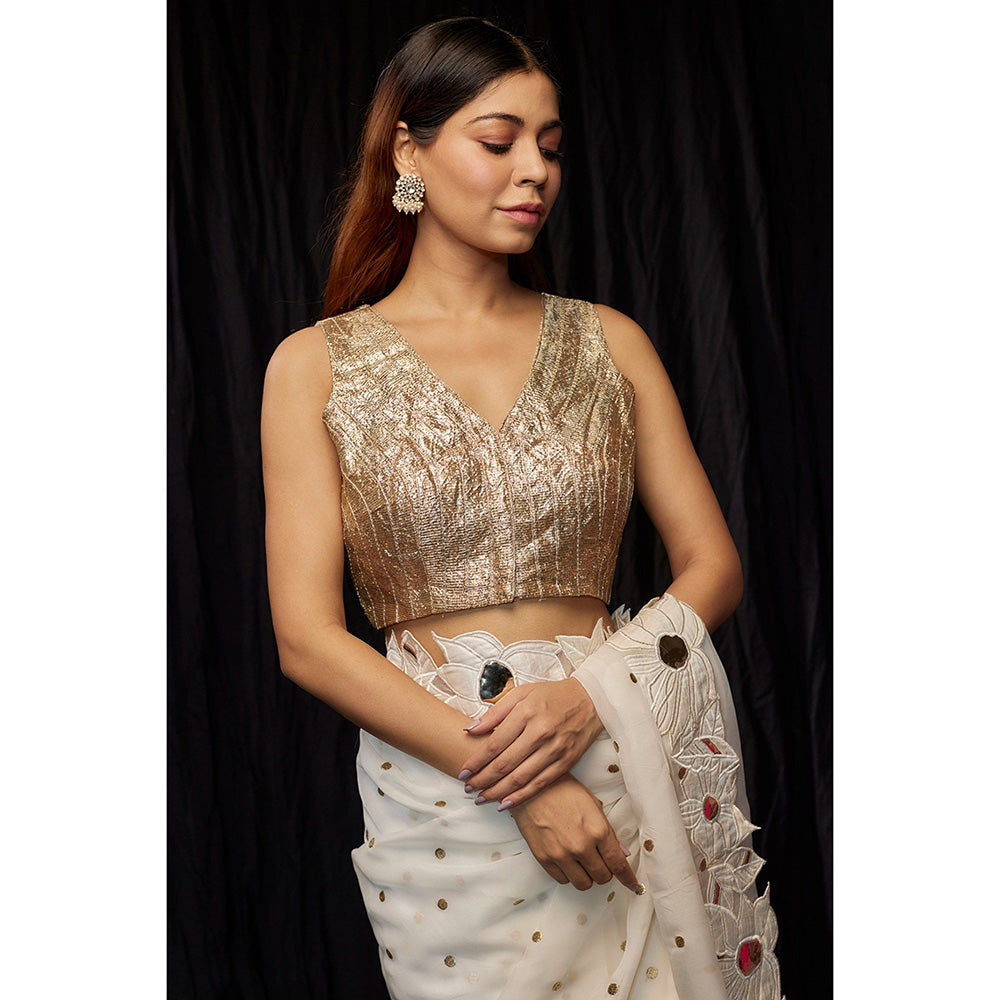 Kriti Bapna White Applique Border Saree with Stitched Blouse