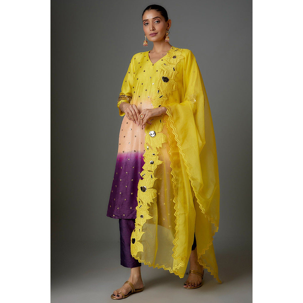 Kriti Bapna Yellow Ombre Applique Kurta with Pant and Dupatta (Set of 3)