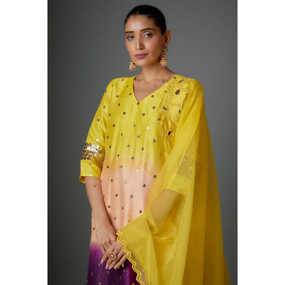 Kriti Bapna Yellow Ombre Applique Kurta with Pant and Dupatta (Set of 3)