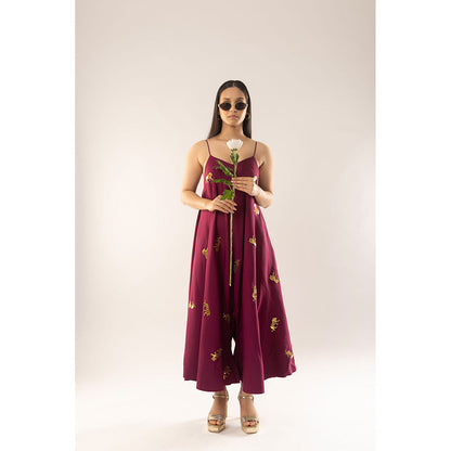 Kriti Bapna Wine Animal Motif Jumpsuit (Set of 2)