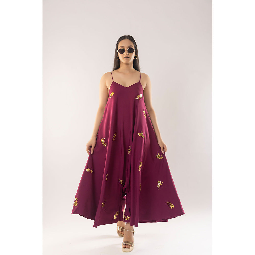 Kriti Bapna Wine Animal Motif Jumpsuit (Set of 2)
