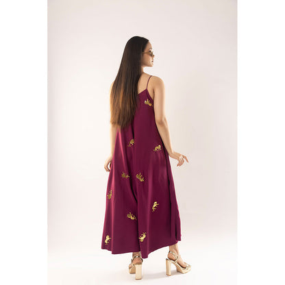 Kriti Bapna Wine Animal Motif Jumpsuit (Set of 2)