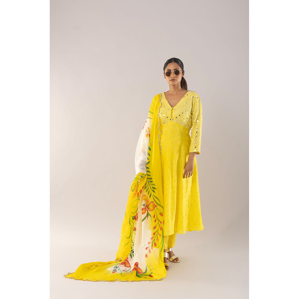 Kriti Bapna Yellow Mirror Work Yoke Anarkali With Pant And Dupatta (Set of 2)
