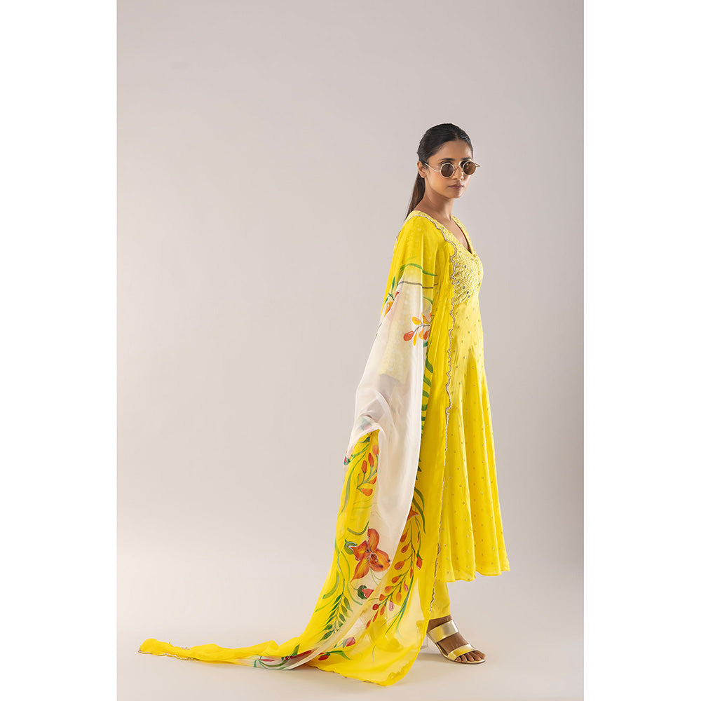 Kriti Bapna Yellow Mirror Work Yoke Anarkali With Pant And Dupatta (Set of 2)