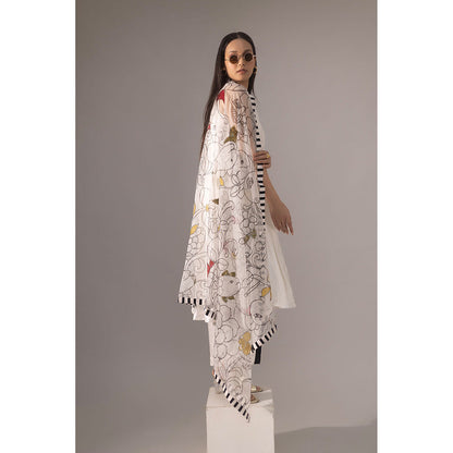 Kriti Bapna White Pleated Hand Painted Kurta with Pant and Dupatta (Set of 3)