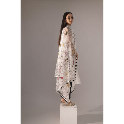 Kriti Bapna White Pleated Hand Painted Kurta with Pant and Dupatta (Set of 3)
