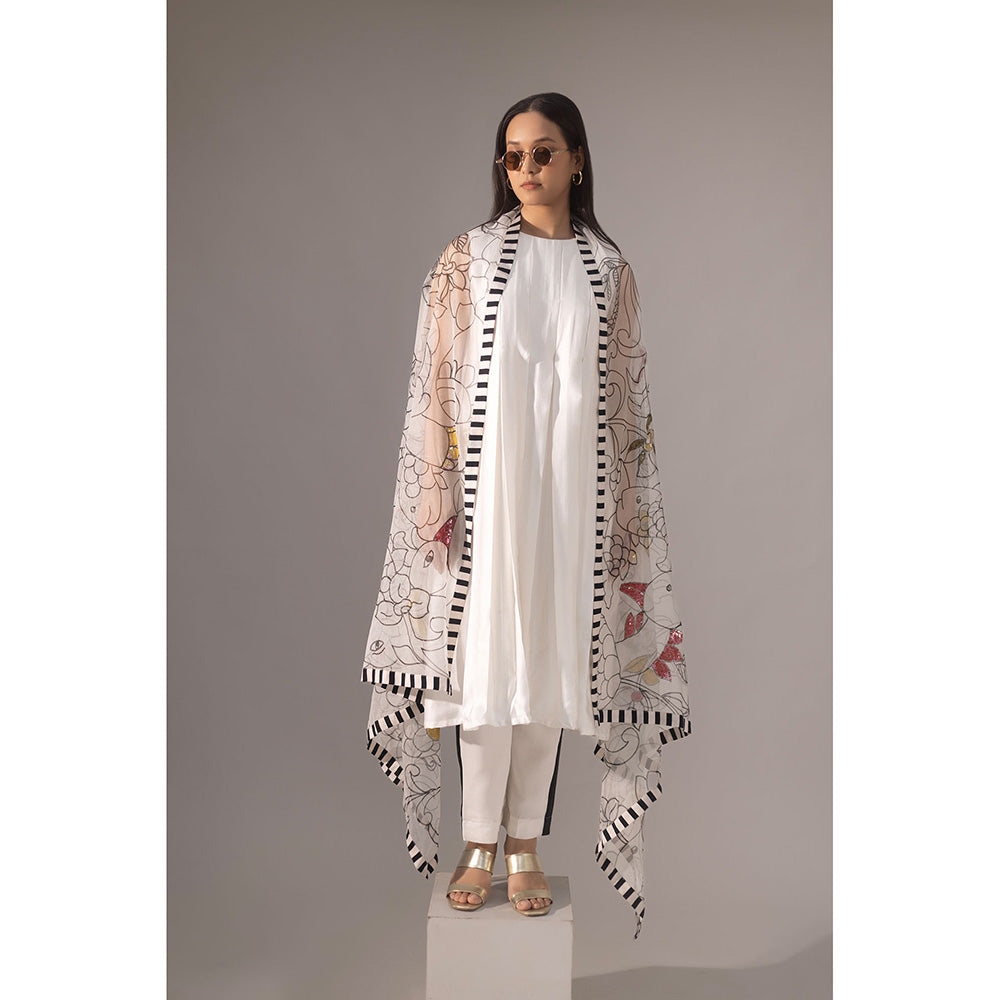 Kriti Bapna White Pleated Hand Painted Kurta with Pant and Dupatta (Set of 3)