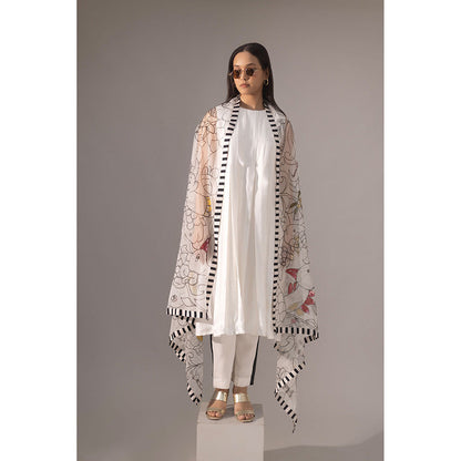 Kriti Bapna White Pleated Hand Painted Kurta with Pant and Dupatta (Set of 3)