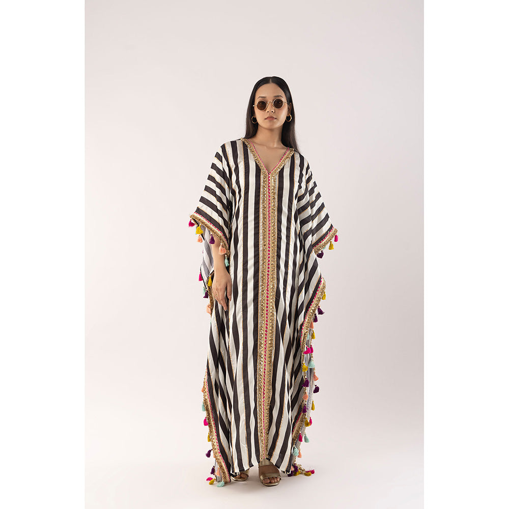 Kriti Bapna White Stripe Kaftan Dress with Inner (Set of 2)
